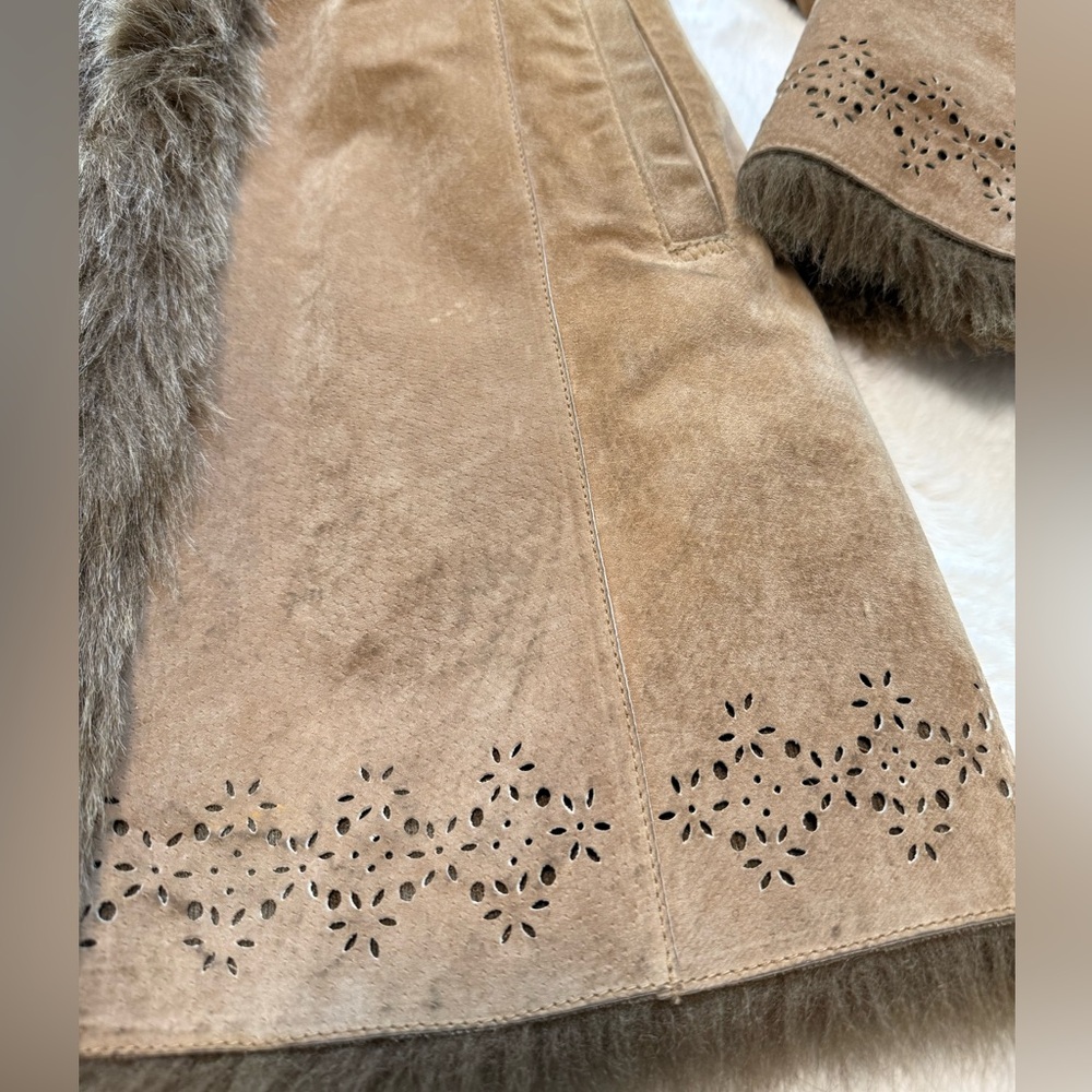🌻Vintage 90s Y2K Faux Fur Lined DB Studio Tan Leather Penny Lane Vibes Coat✨ - Picture 6 of 16
